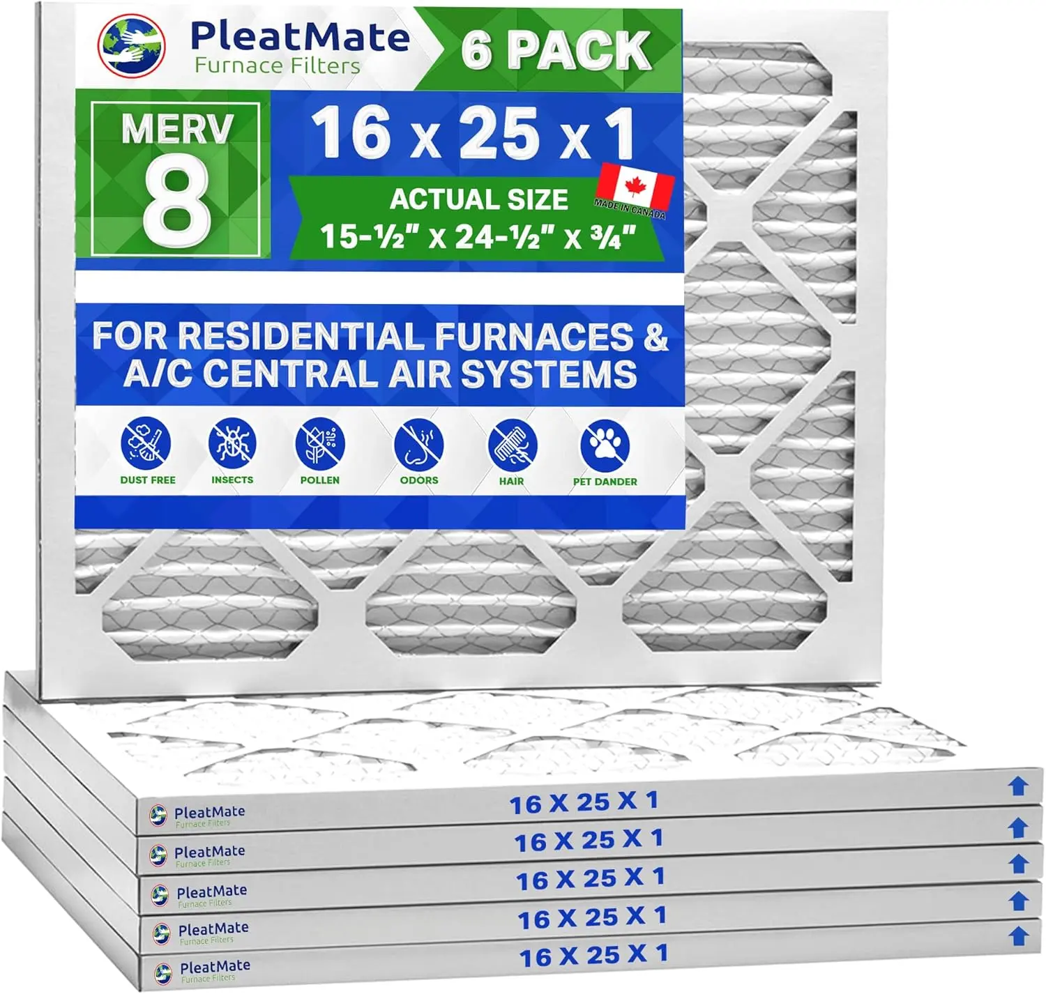 MERV Air Filter 16x25x1 8 Case of 6 Pleated Furnace & A/C Air Filter