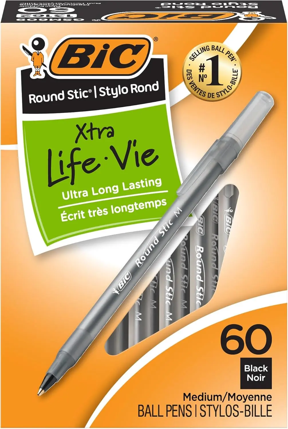 BIC Round Stic Extra Life Black Ballpoint Pens, Medium Point (1.0mm), 60-Count Pack