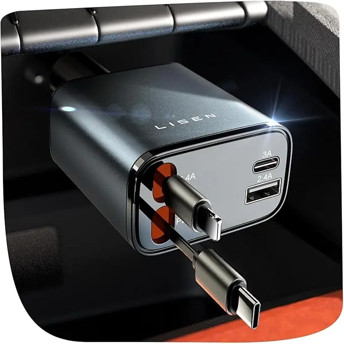 LISEN 69W Retractable Car Charger 4 in 1 USB C