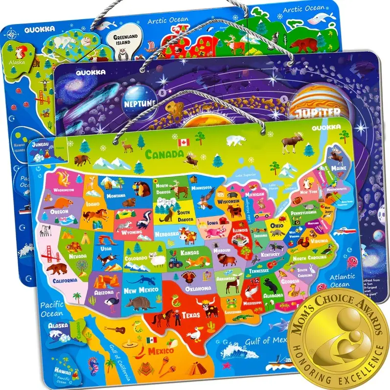 Magnetic 24 Piece Puzzles for Kids; USA & World Map