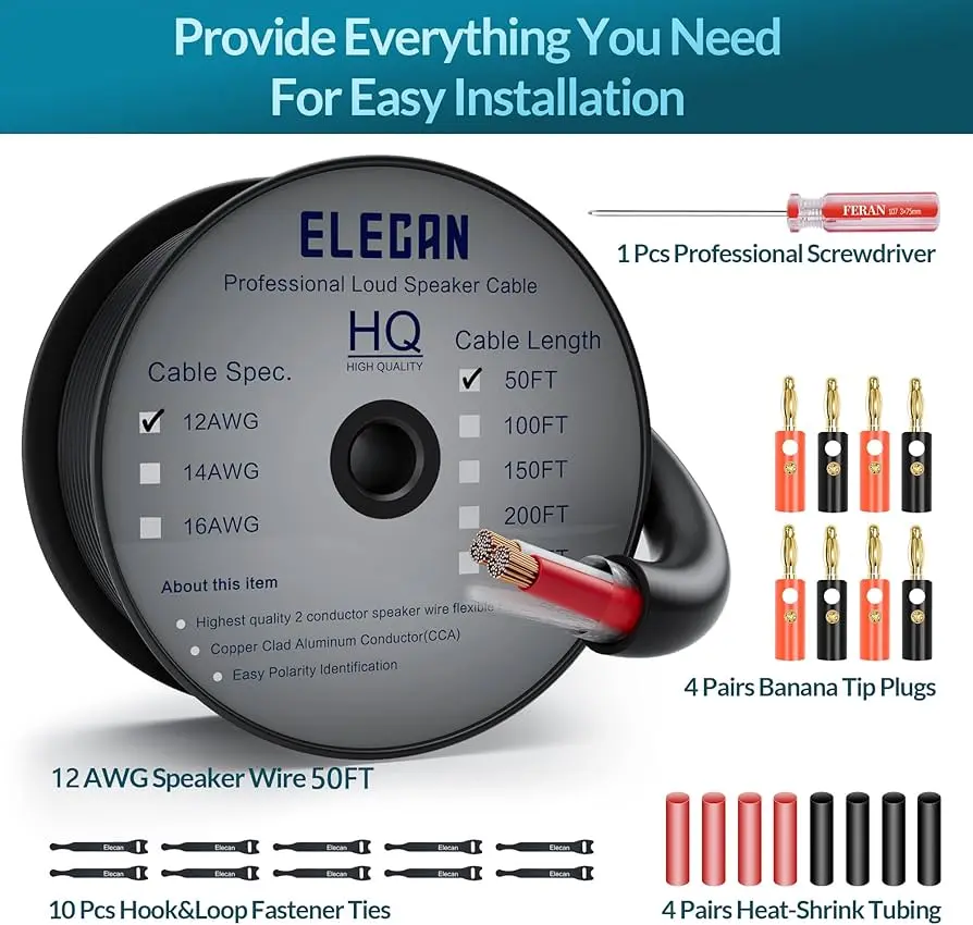ELECAN Pro Speaker Wire 50ft 14 AWG