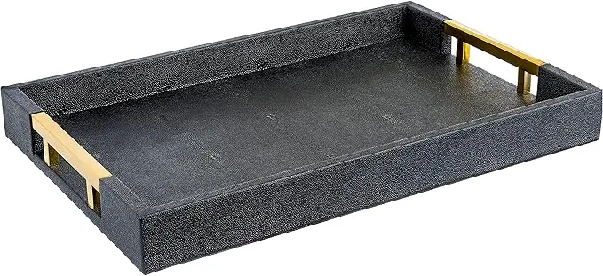 Modern Elegant 18"x12" Rectangle Black Glossy Shagreen Decorative Tray