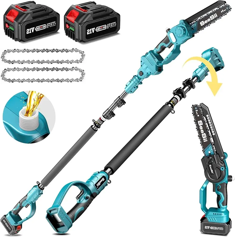 Seesii 2 in 1 Cordless 8 inch Pole Saw & Mini Chainsaw with 2 Batteries