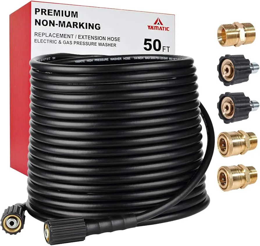 YAMATIC Kink Resistant Pressure Washer Hose 50FT 1/4" M22 & 3/8" Quick Connect, 3200 PSI