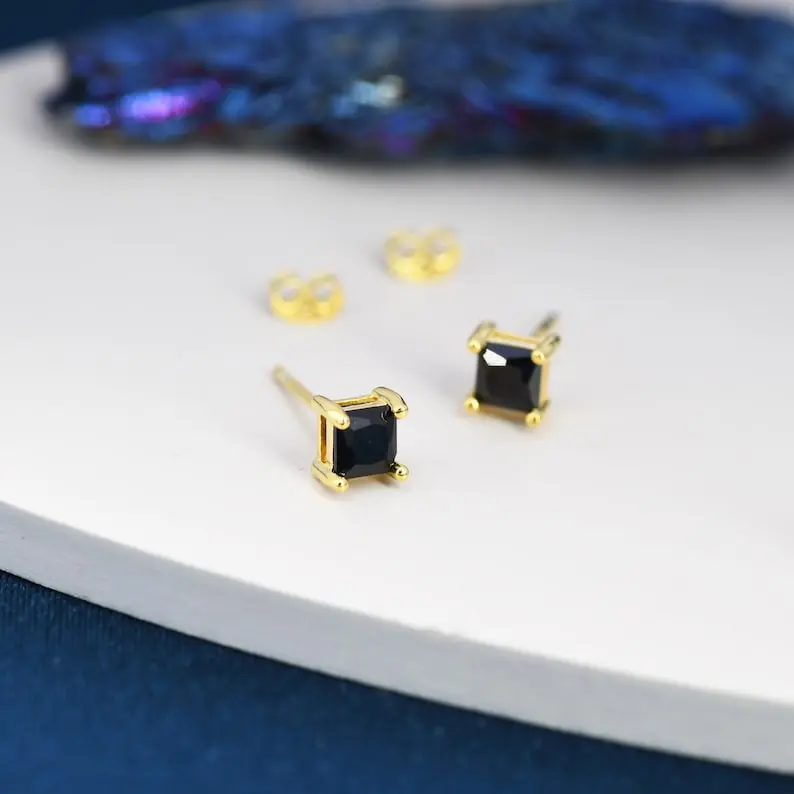 Princess Cut Black CZ Stud Earrings in Sterling Silver, Square Cut Crystal Earrings