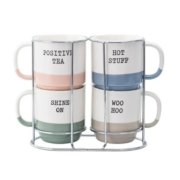 Mainstays Two-Tone Saying Ceramic Stacking Mug Set, 13 oz, 4 piece, Stacking Mug Set