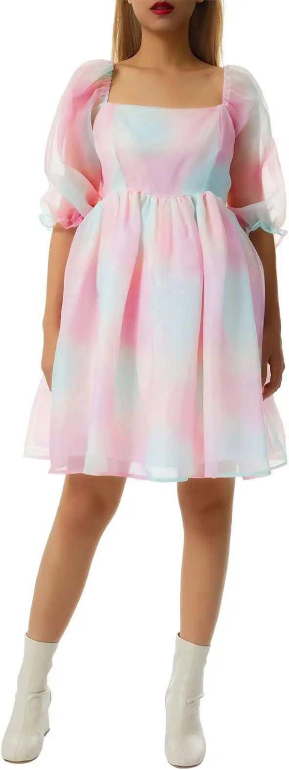 Women Mini Dress with Puff Sleeves (L)