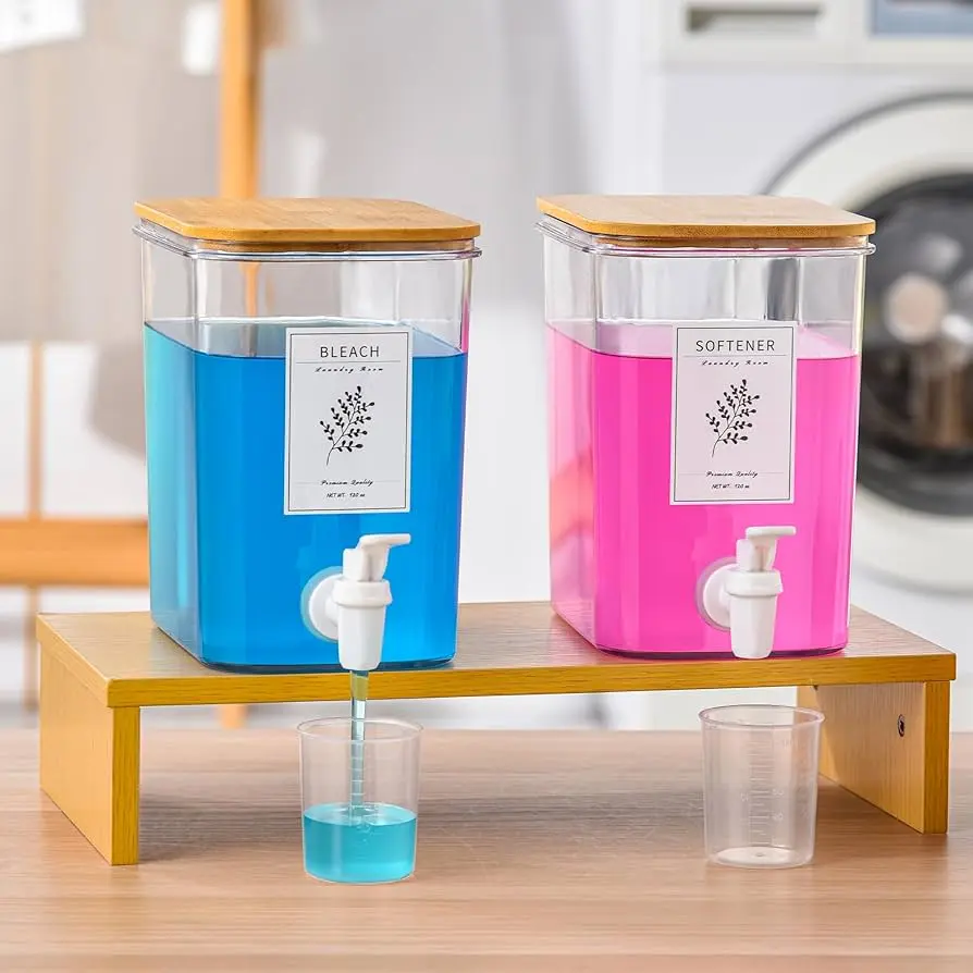 RoleDes Liquid Laundry Detergent Dispenser Set with Shelf and Bamboo Lids