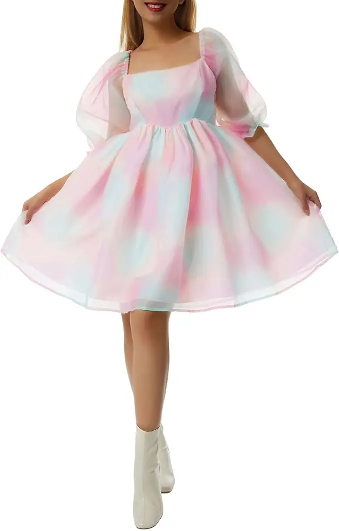 Women Mini Dress with Puff Sleeves (L)