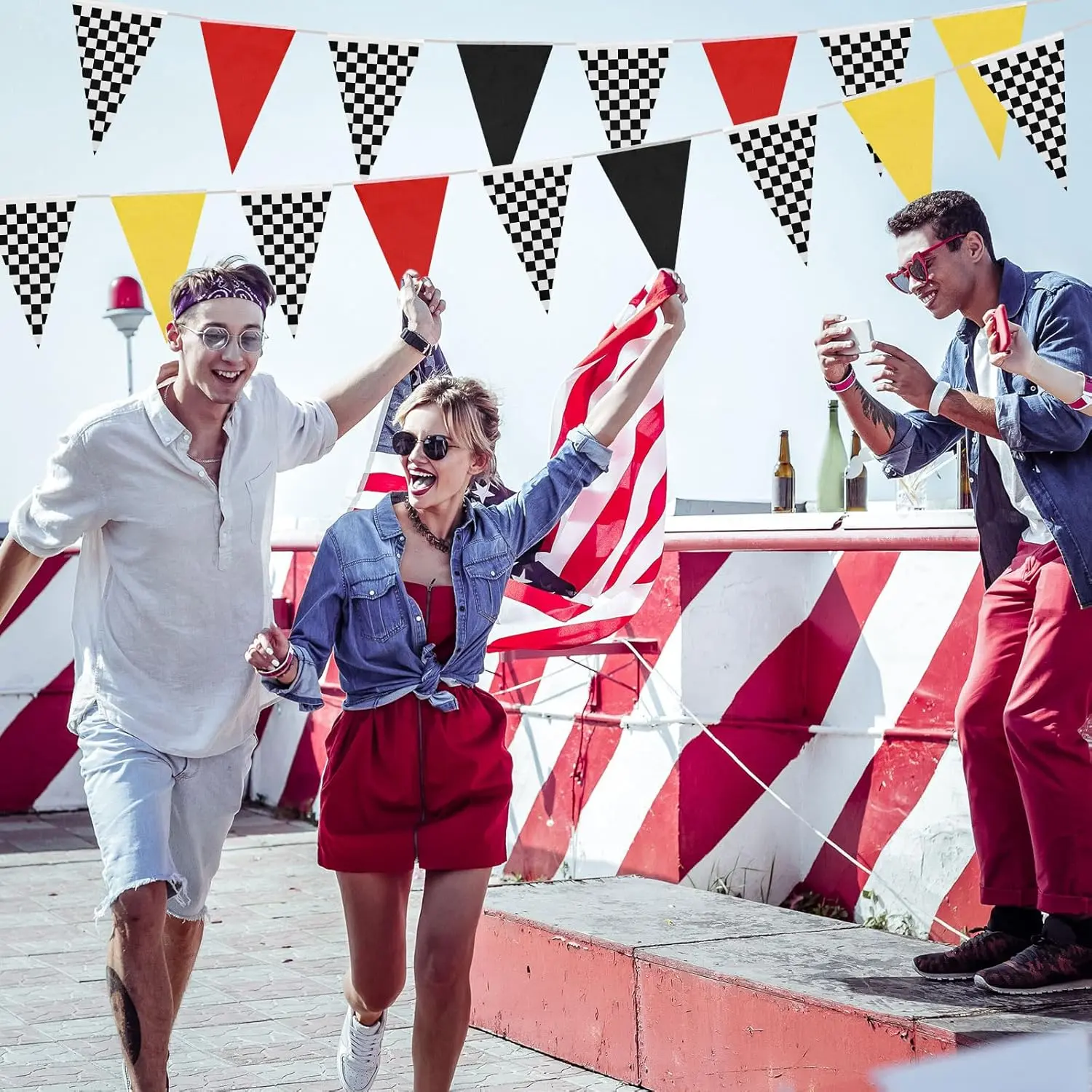 Hahafelt 131 Feet Racing Party Pennant Banner Flags 4 Pcs Truck Fabric Triangle Flags Bunting Garland Streamer DIY String Hanging Truck Birthday Party Decoration Garden Indoor Outdoor (Classic Color)