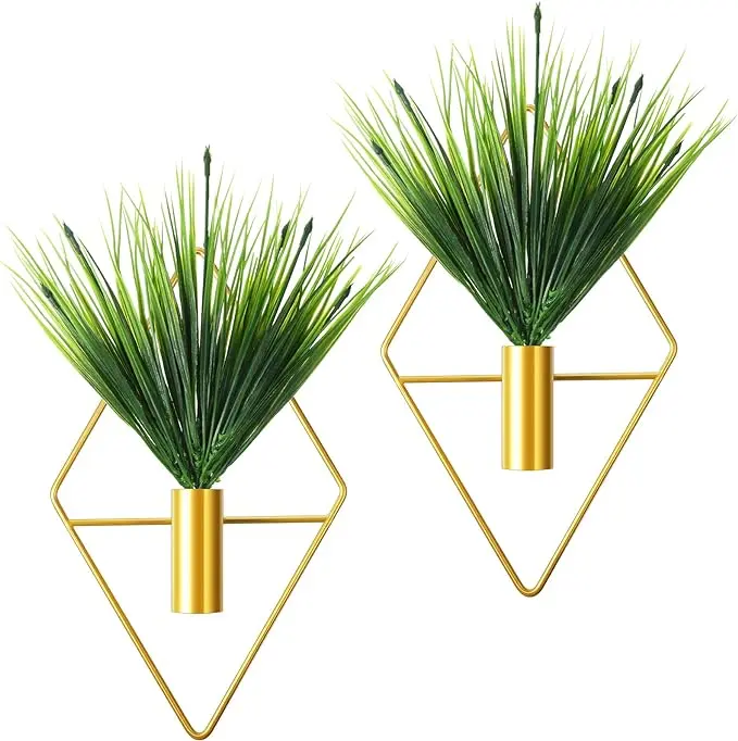 Cindeer 2PCS Metal Hanging Planters with Fake Plants (Aquatic Plant, Gold)