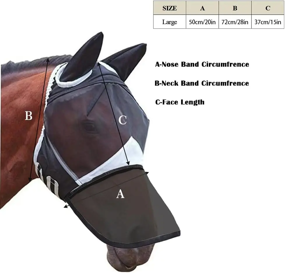 Horse Fly Mask Large Eye Space Long Nose with Ears UV Protection for High Elastic Satin and Mesh Breathable Horses Upgrade Adjustable Super Comfort Masks Breathability Pony Mini Equine