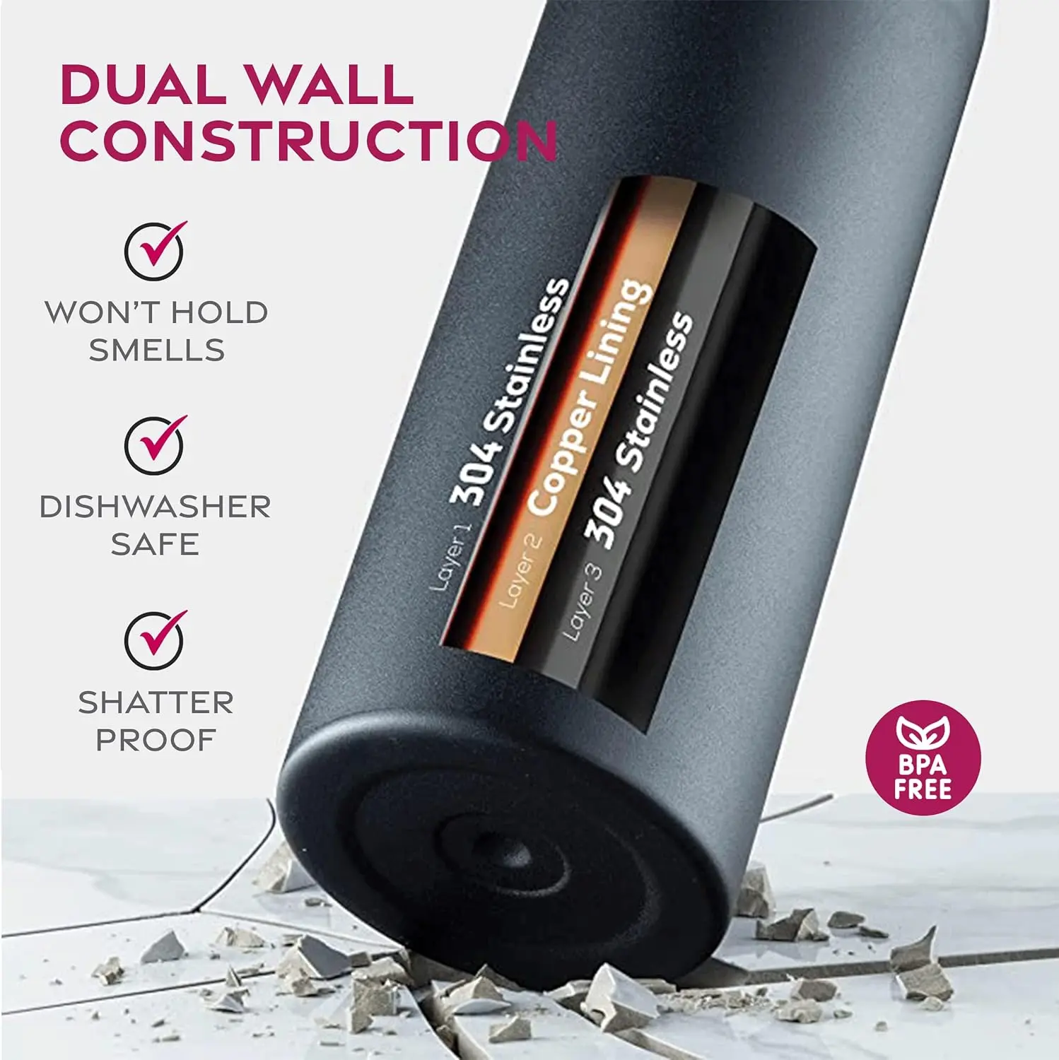 FineDine Water Bottle - Stainless Steel Insulated Water Bottle with Straw Lid, Flip Lid & Wide-Mouth Cap - Keeps Hot and Cold - 25 Oz / 739ml - Inky Raven Black