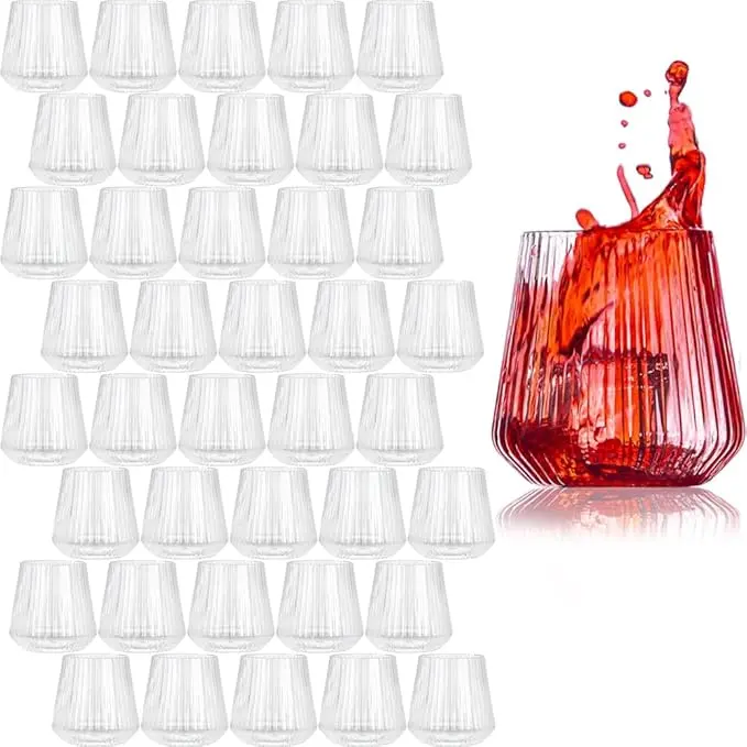 40 Pack Plastic Ribbed Wine Glasses 14oz Origami Style Disposable Wine Cups