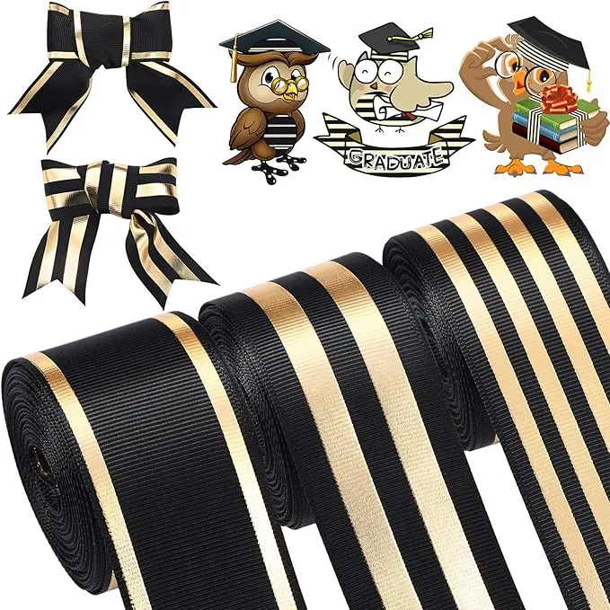 WILLBOND 3 Rolls 1.5 Inch Christmas Ribbons (Black&Gold)