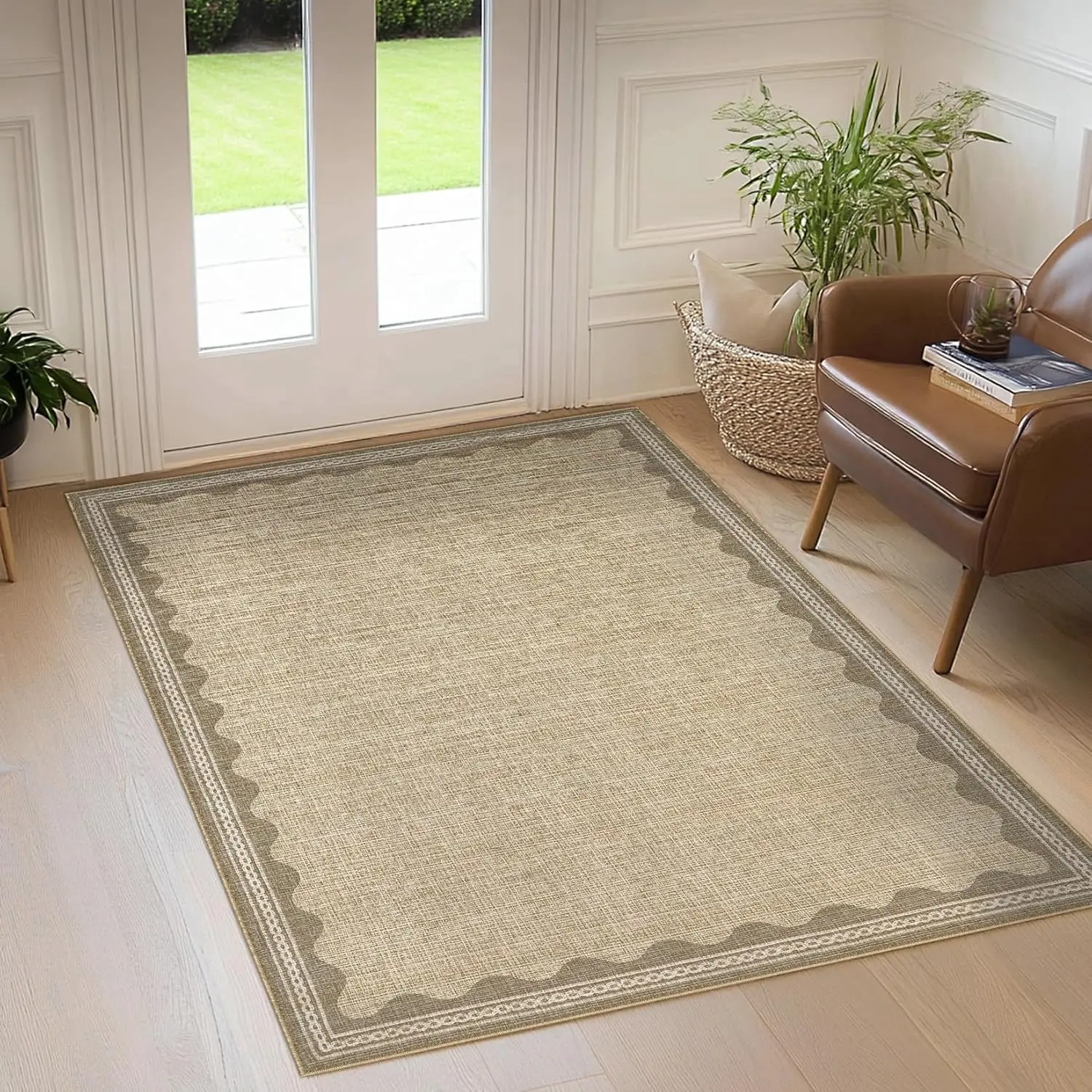 CAREMEE Scalloped Rug 4x6 Rugs for Entryway, Small Area Rugs Tan Rug for Bedroom, 4x6 Washable Rugs for Living Room,