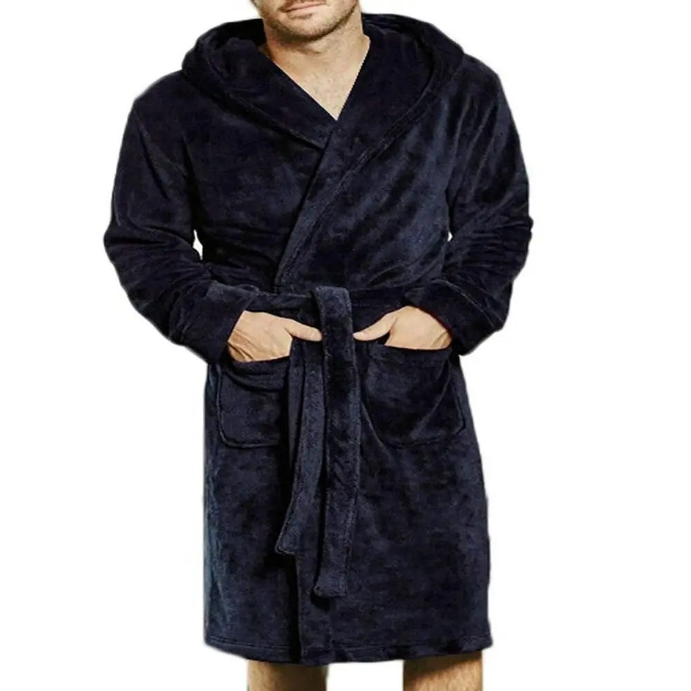 Bath Robe with Pockets, Navy, XL