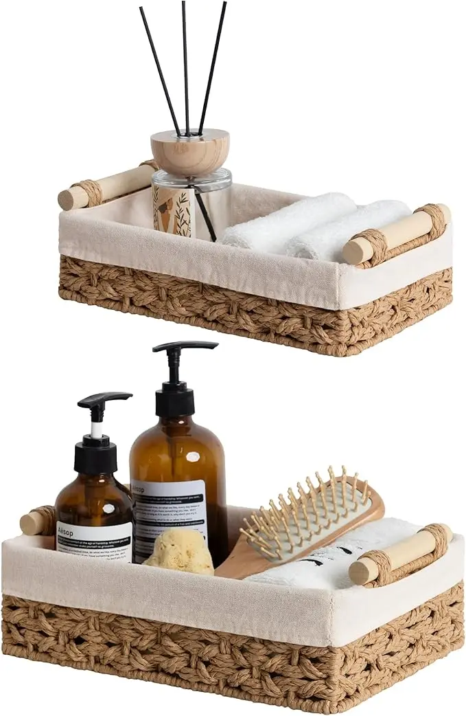 StorageWorks Small Wicker Bathroom Baskets for Organizing, Round Paper Rope Storage Basket for Countertop, Set of 2