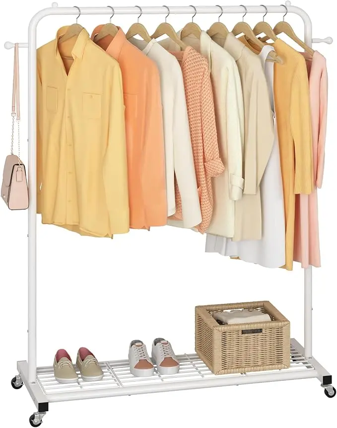 Sywhitta Clothing Rack on Wheels for Hanging Clothes, Coats, Skirts, 39.76" L x 16" W x 64.56" H,White