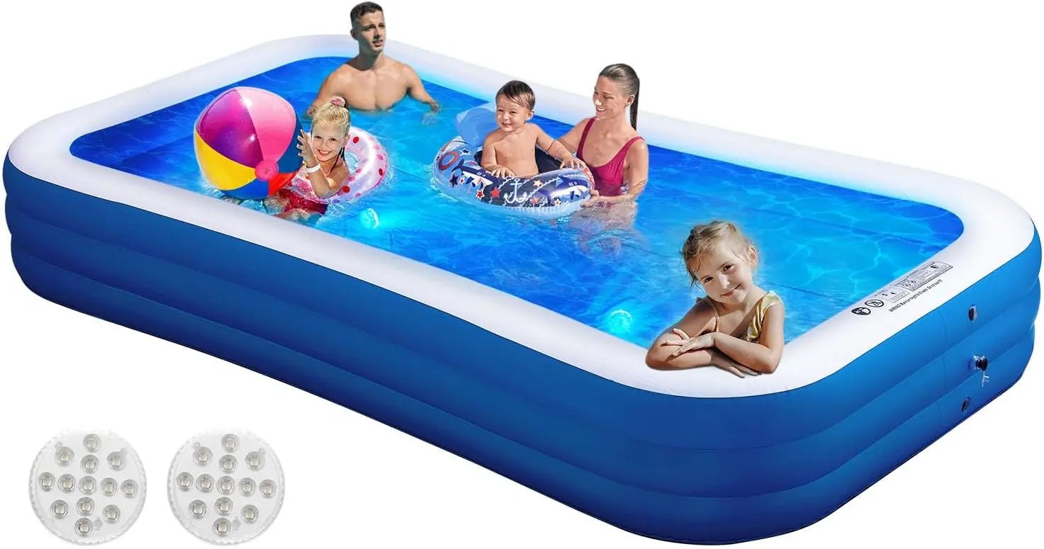 Inflatable Swimming Pool with Pool Lights, 130" x 72" x 22" Full-Sized Large Inflatable Family Pool,