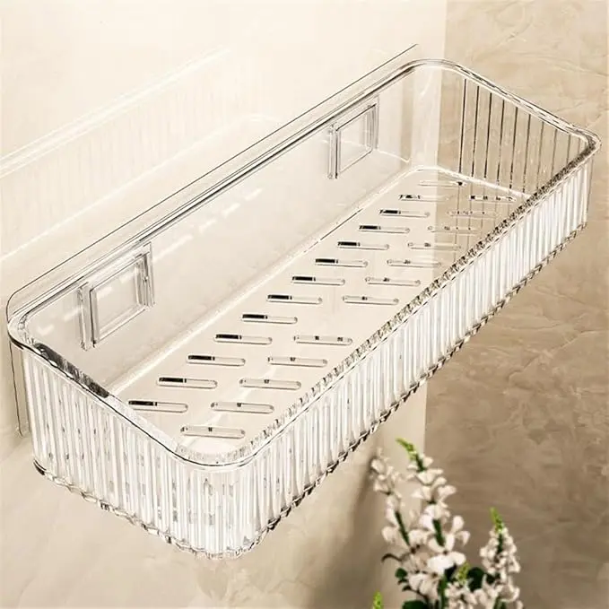 Bathroom Shelf Clear Shower Caddy, Adhesive Plastic Shower Shelf