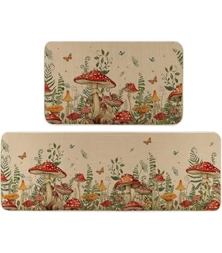 Mushroom Kitchen Rugs and Mats Set of 2, Non-Slip Washable - 17x29 and 17x47 Inch