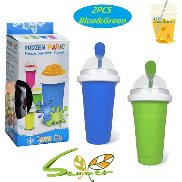 Frozen Magic Slushie Maker Cup Smoothie Silicon Squeeze Cup (2 PCs, Green & Blue)