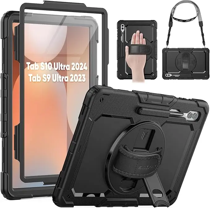 SEYMAC for Samsung Galaxy Tab S10 Ultra 2024/ S9 Ultra/ S8 Ultra Case 14.6 Inch, Heavy Duty Shockproof Protective Case with Screen Protector, Stand, Hand Strap and Pen Holder, Black