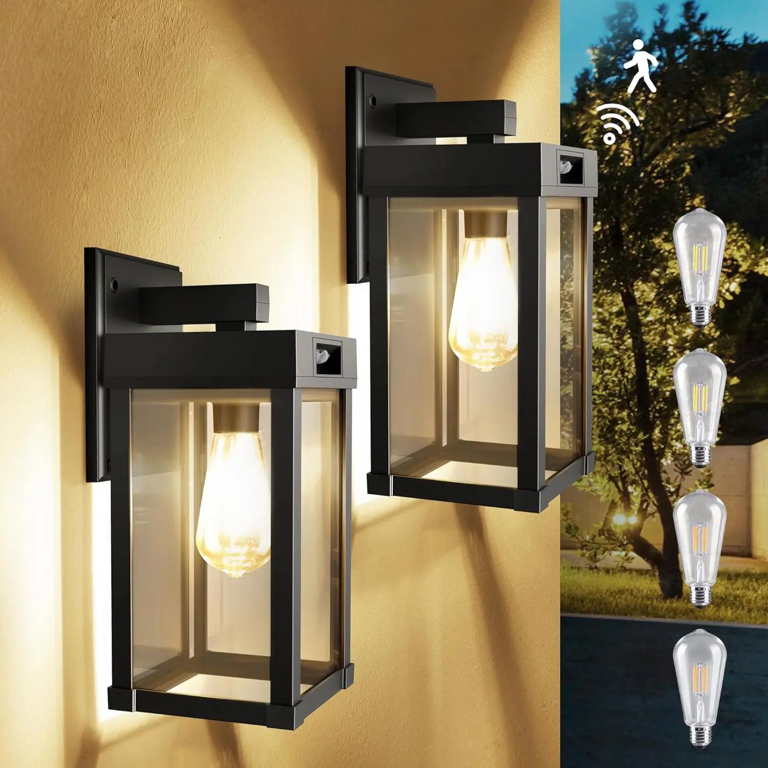 Solar Motion Sensor Light Wall Lanterns Fixtures 2 Pack, Waterproof with 3200K & 6500K E26 Bulbs, Dusk to Dawn Lighting