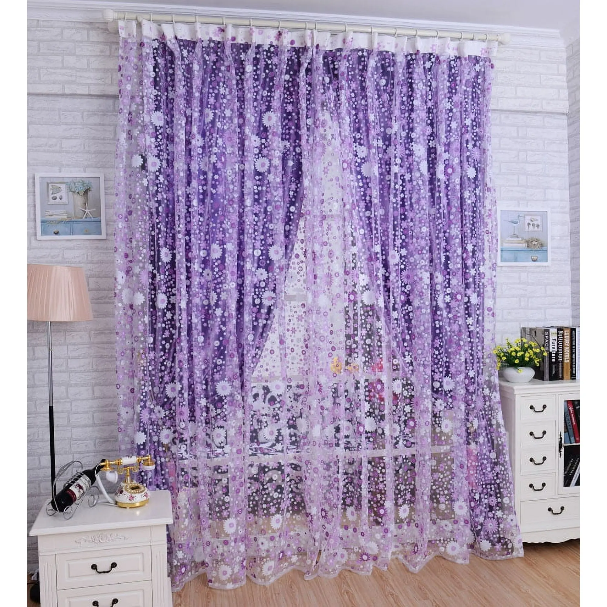 Beppter Polyester Sheer Curtains Purple Small Florals, 1Pc Organza Curtain (200Cm X 100Cm) - 1 Curtain Panel