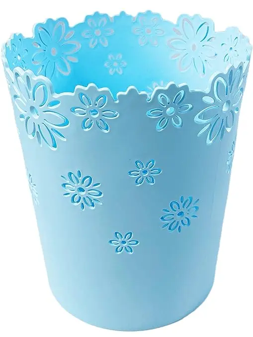 Light Blue Wastebasket with Flower Details