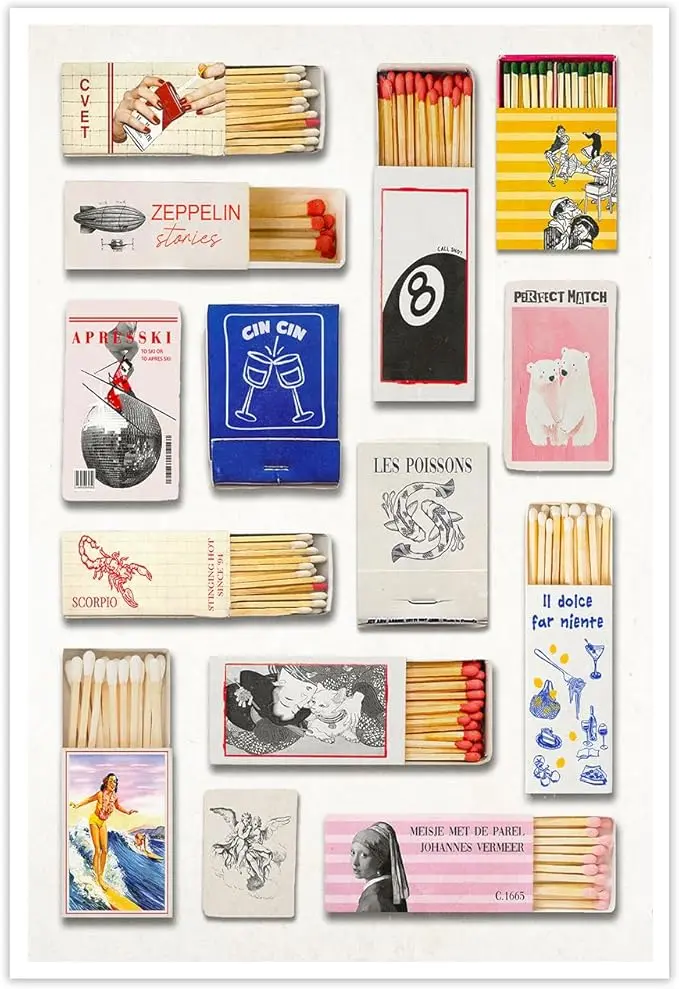 Vintage Poster Matchbox Canvas Print Trendy Matches  Retro Matchbook Wall Art Funky Aesthetic Print for Apartment Funky Home Decor Preppy Room Poster 12x16inch Unframed