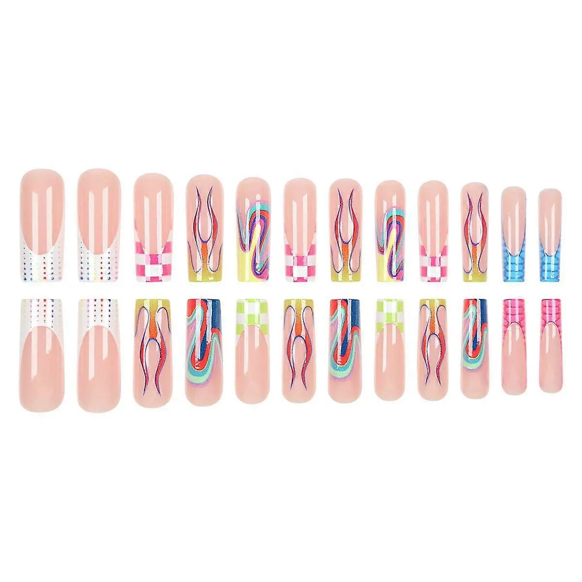 24 Pcs Colourful Flame Coffin Press on Nails Long,Rainbow