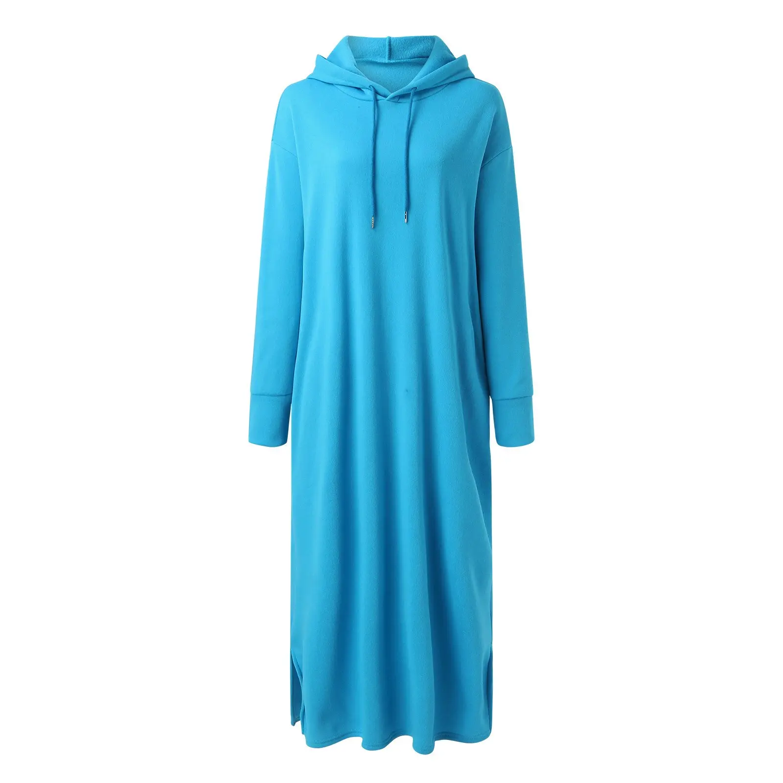 Long Sleeve Blue Women's Hooded Long Dress with Pockets (XXL)