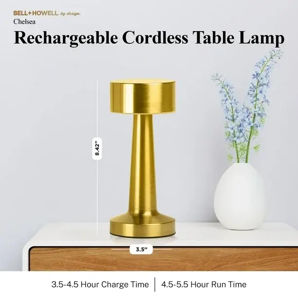 Bell + Howell Chelsea Table Lamp Small Cordless Touch LED Rechargeable Lamp for Bedside Desk Nightstand Gold
