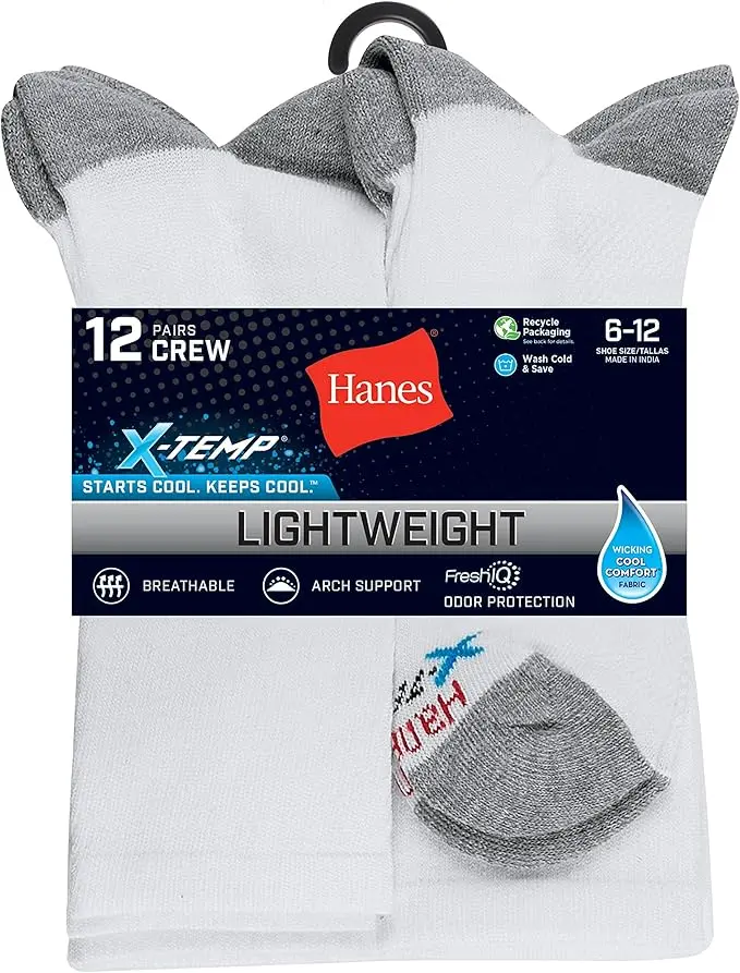 Hanes mens X-temp Lightweight Crew Socks, 12-pair Pack