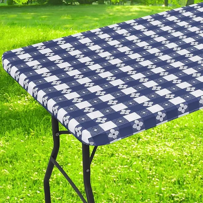 Rectangle Vinyl Table Cloth, Waterproof Elastic Fitted Tablecloth with Flannel Backing, Plastic Table Cover for Picnic, Camping, Outdoor (White & Navy, 30"x48")