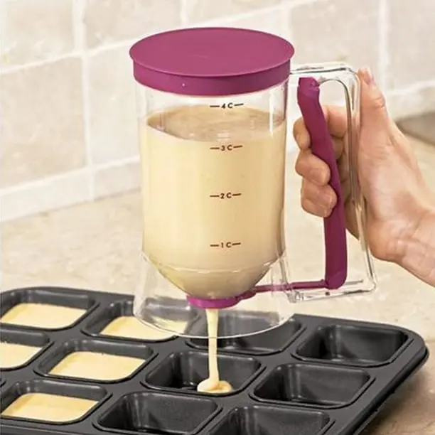 Batter Dispenser Pancake Cupcake Batter Separator with Measuring Label and Squeeze Handle Bracket Cookie Cake Waffles Cream Speratator Measuring Baking Tools