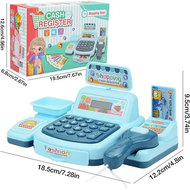 Cash Register Pretend Play Toy for Kids, Fun Supermarket Shop Toys, Cute Cash Register Toy with Working Scanner, Credit Card, Pretend Play Money, Christmas Birthday Gifts for Boys Girls,Blue