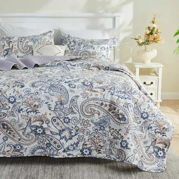 Gogreen Luxury Printed Quilt Set Queen Size, Lightweight Comforter Set, Oversized Bedspread Coverlet Quilted Bedding Set, with 2 Matching Pillowcases, for All Season