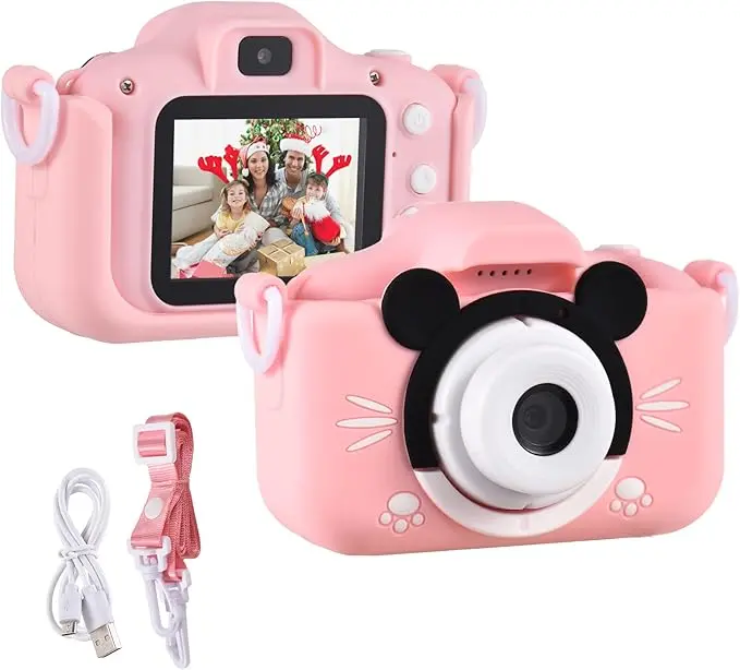 Digital Camera for Kids, 2.0 Inch Children's Photo Camera, Kids Camera with Strap, Ideal Gifts for Boys Girls 3-10 Years, Pink Mouse