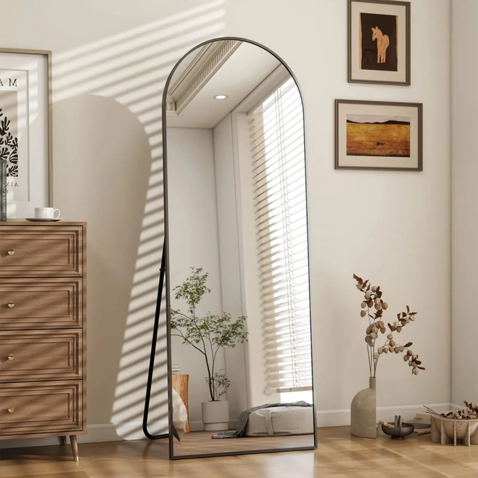 BEAUTYPEAK 58"x18" Full Length Mirror Arched Floor Mirror with Stand Full Body Mirror, Black