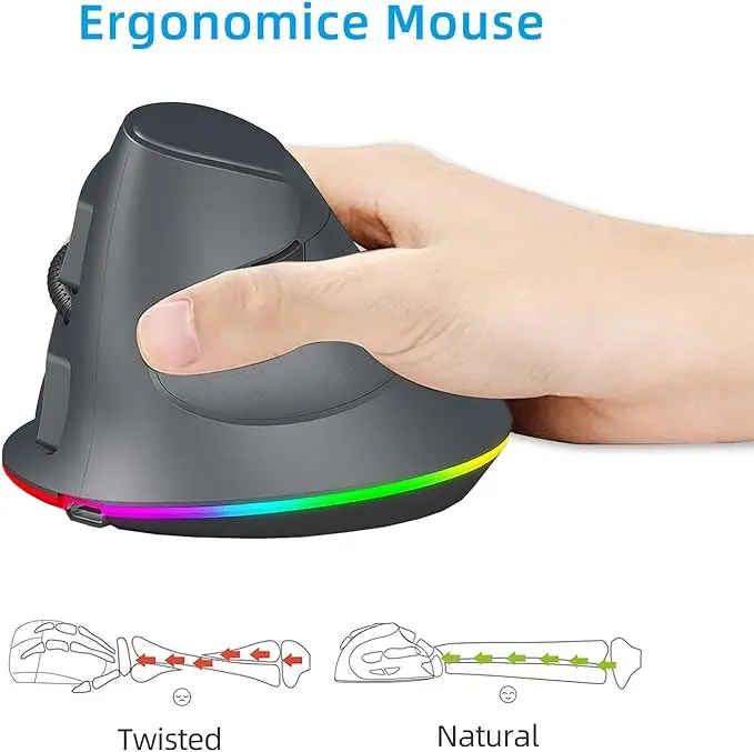 Ergonomic Mouse Rechargeable Grey Vertical Mouse Adjustable 7200DPI 7 Programmable Buttons Computer Mouse PC Laptop Gaming Mouse