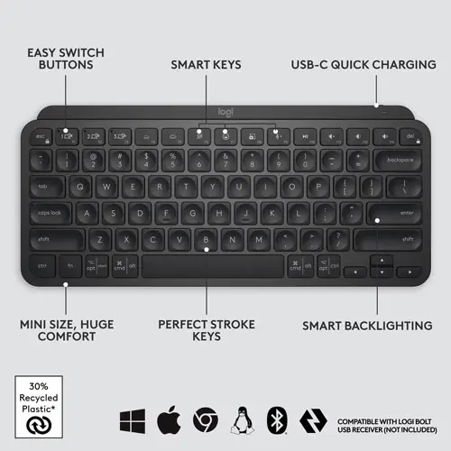 Logitech MX Keys Mini Minimalist Wireless Illuminated Keyboard - USB-C - Black