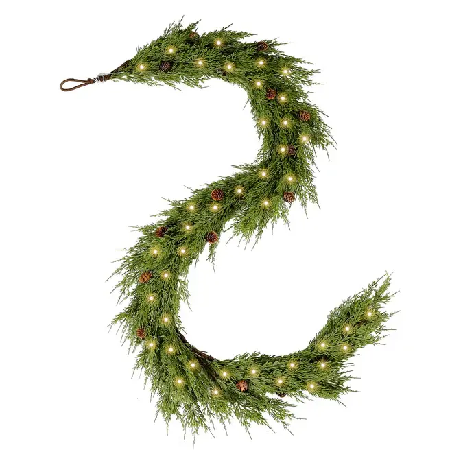 Real Touch Cypress Cedar & Pine Cone Evergreen Garland for Christmas Holiday Seasonal Outdoor/Indoor Home Decor, 6FT Long