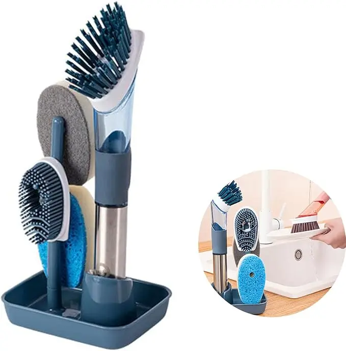 Soap Dispensing Dish Brush 1 Set, Kitchen Brush with 4 Replacement Head & Handle & Stand