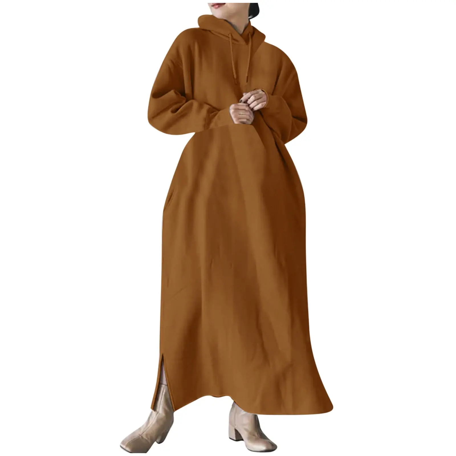 Women Brown Long Sleeve Soft Hoodie Warm Sweatshirt Dress (XXL)