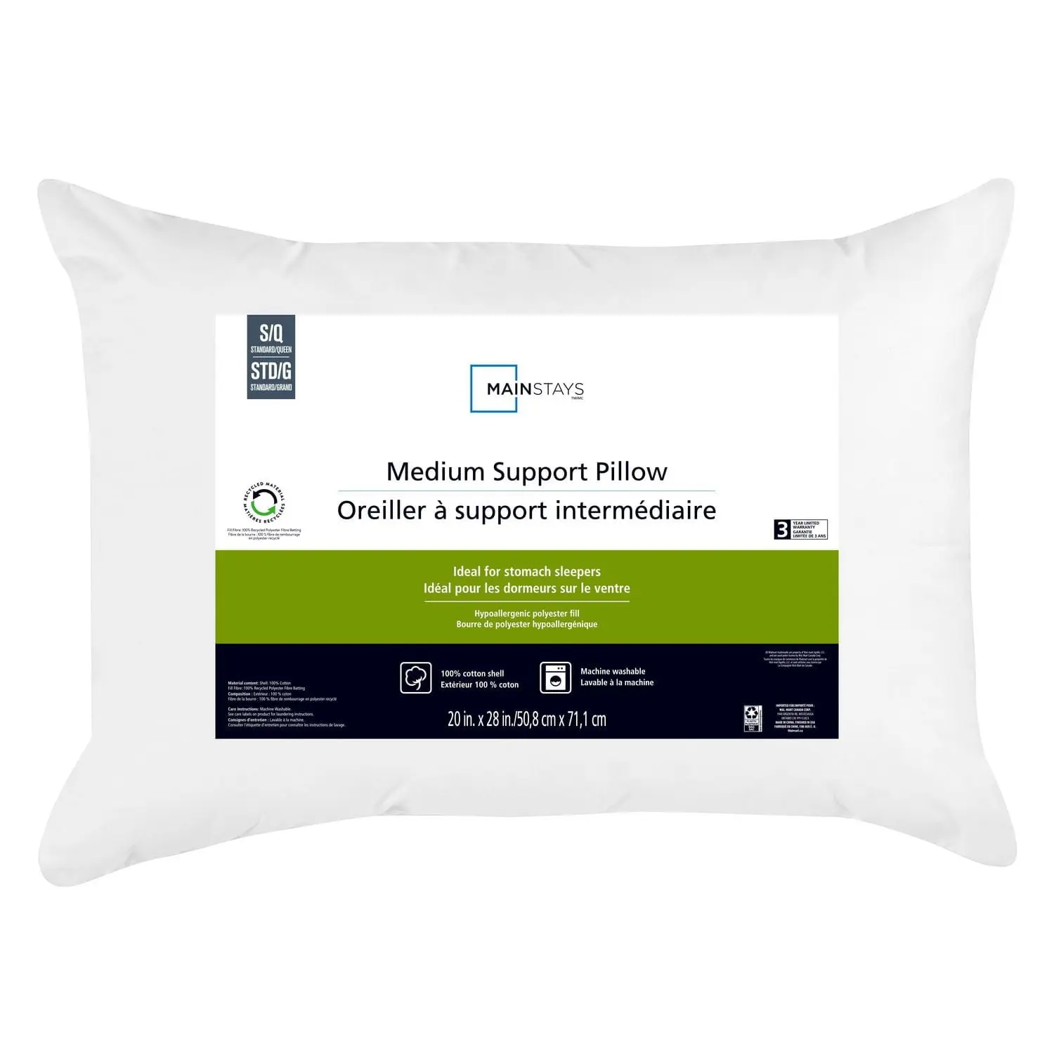Mainstays Medium Support Pillow 20in x 28in, Standard/Queen