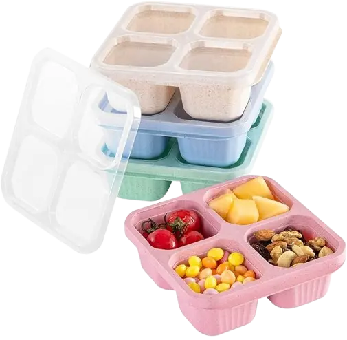 4 Pack Snack Containers, 4 Compartments Bento Snack Box, Reusable Meal Prep Lunch Containers for Kids and Adults, Food Storage Containers with Transparent Lids, No BPA, Microwave and Dishwasher Safe