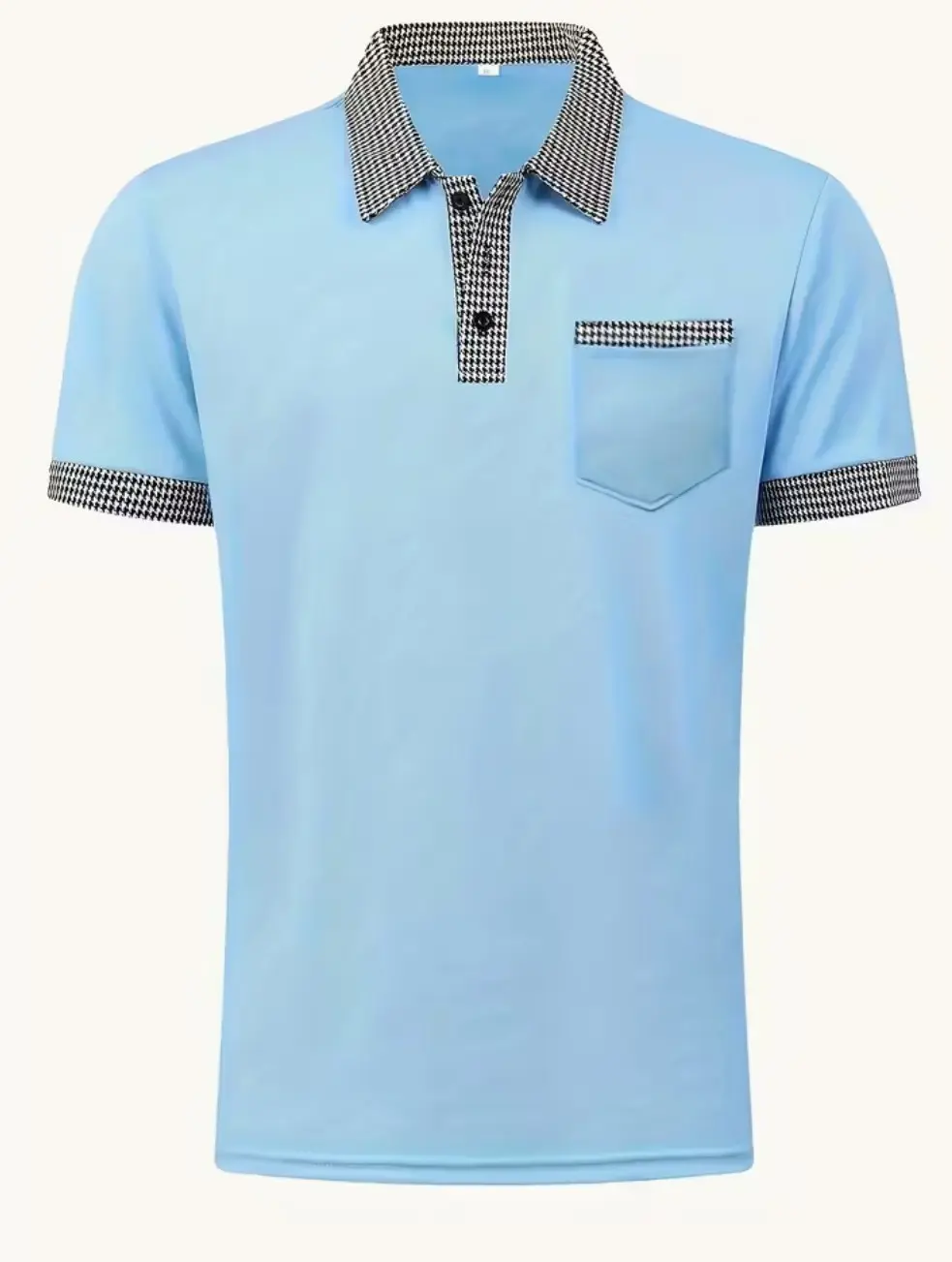 Blue Men's Polo Shirt with Checkered Pattern Accents (3XL)
